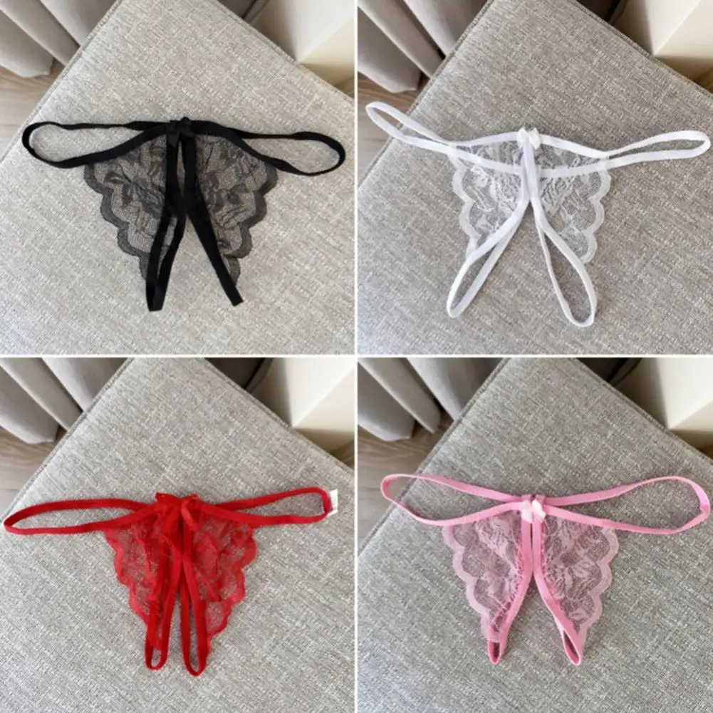 

Women Panties Lace Open Crotch See-through Bow-knot Decor Thongs Lady G-string Low Waist Thin Intimate Women Underwear