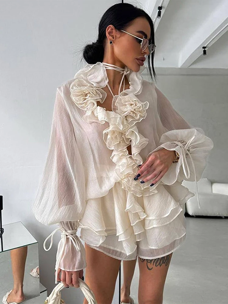 Elegant 3D Flower Ruffle Shirt Shorts Sets Women Lace Up