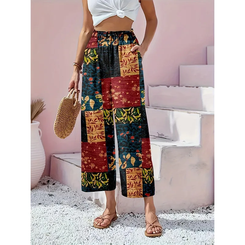 

2024 Summer Women's Patchwork Elasticized Printing Pocket Fashion Elegant Minimalist Commuting All-match Casual Wide Leg Pants
