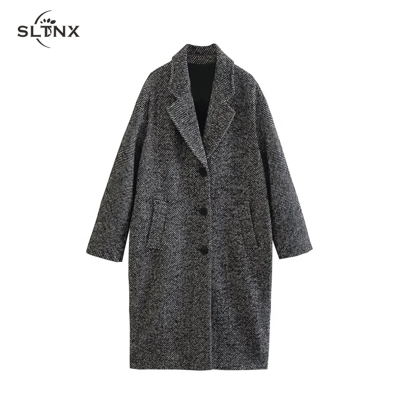 

SLTNX Fashion Twill Women's Coat for Women 2023 Winter Long Coats Female Chic Single-breasted with Pockets Loose Outerwear
