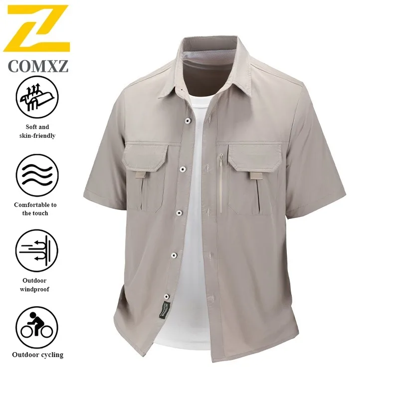 Spring Men's Ice Silk Camp Shirt Breathable Short Sleeve Utility Shacket with Multi-Pockets for Outdoor Streetwear Sports Jacket