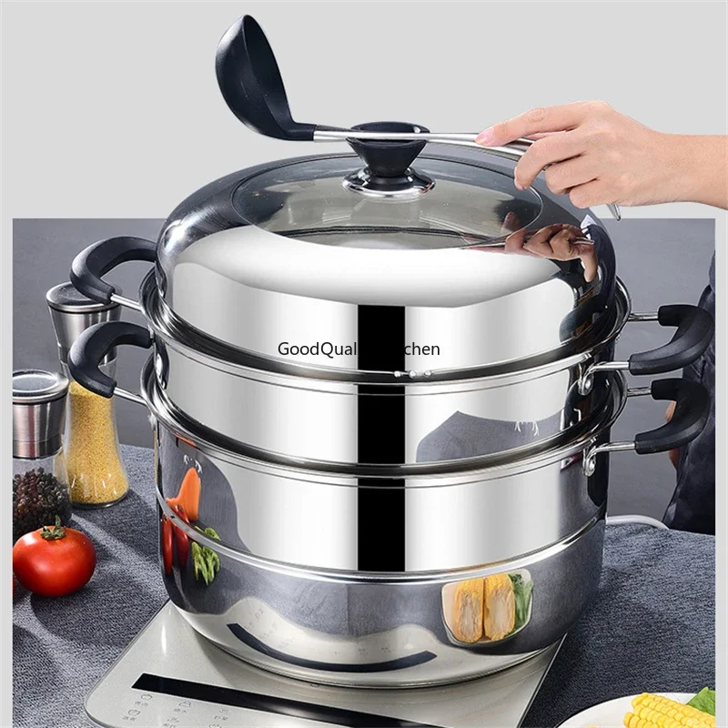 Stoompan/soeppan, 3-laags huishoudelijke stoompan van roestvrij staal 304, geschikt voor gasfornuis/inductiekookplaat, voor 2-18 personen (38cm Stoompan/soeppan, 3-laags huishoudelijke stoompan van roestvrij staal 304, geschikt voor gasfornuis/inductiekookplaat, voor 2-18 personen (38cm