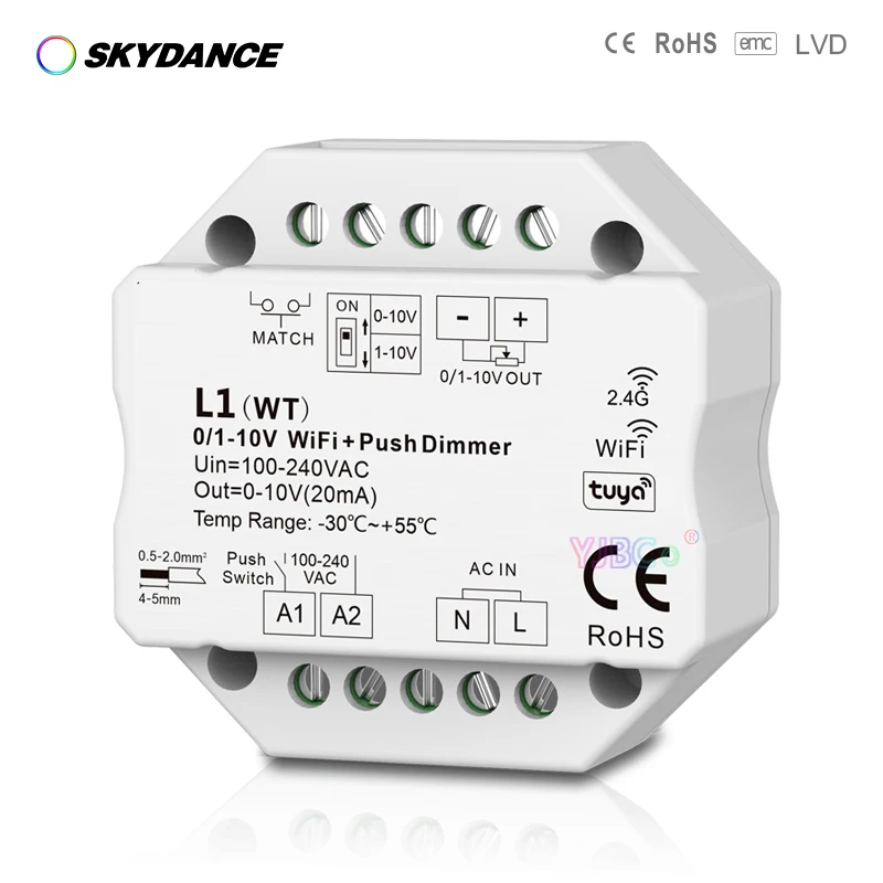 Skydance 0-10V WiFi RF Push Dimmer AC 110V 220V 1CH Tuya APP Cloud on/off Controller DIP Switch For Single Color LED Strip tape