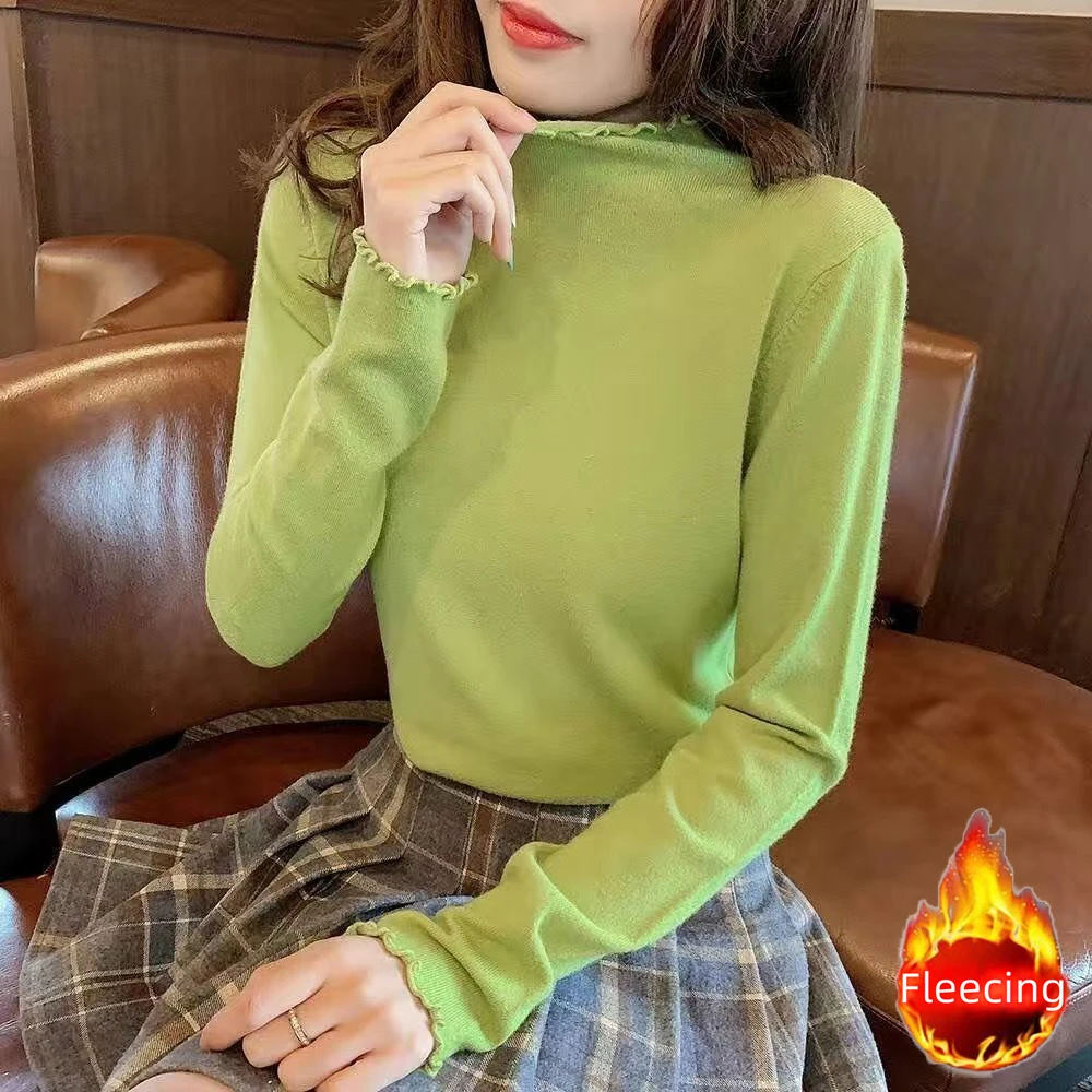 Autumn Winter Warm Fleecing Slimming Sweet Basic TuntleNeck Edible Underwear Long sleeve Top Women's T-shirt & Blouses Trend2024