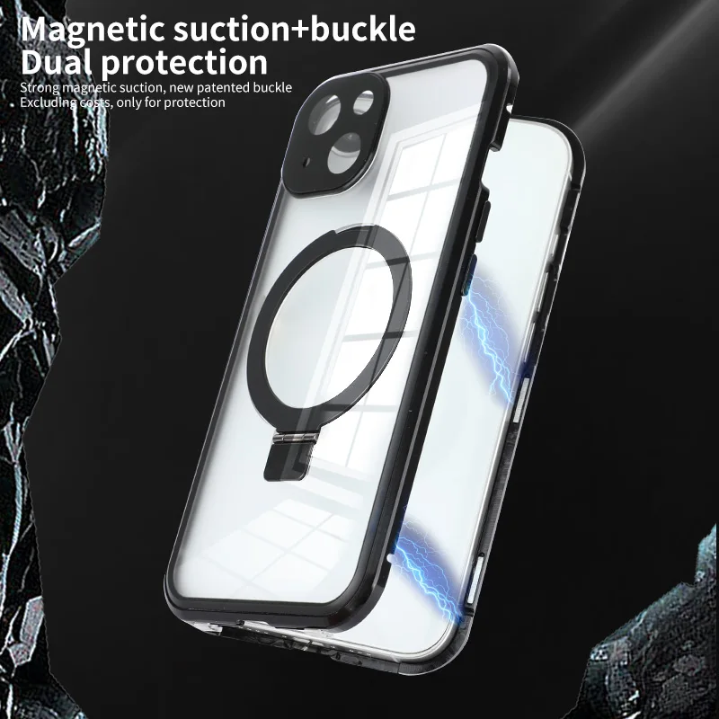 Metal Magnetic Stand Dual Security Lock Phone Case For iPhone 14 13 15 Pro Max For iPhone 15 14 Plus Double Sided Glass Case