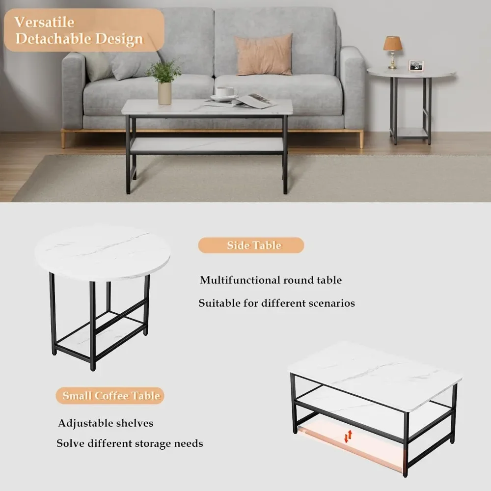 Coffee Table, White Modern Coffee Tables for Living Room, Detachable 2 Small Tables, Faux White Marble coffe table
