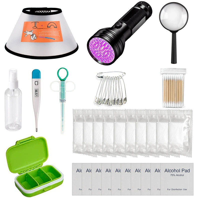 

PET First Aid Kit Car Emergency Kit Cats And Dogs Travel Set Include Thermometer Disposable Gloves Ultraviolet Flashlight