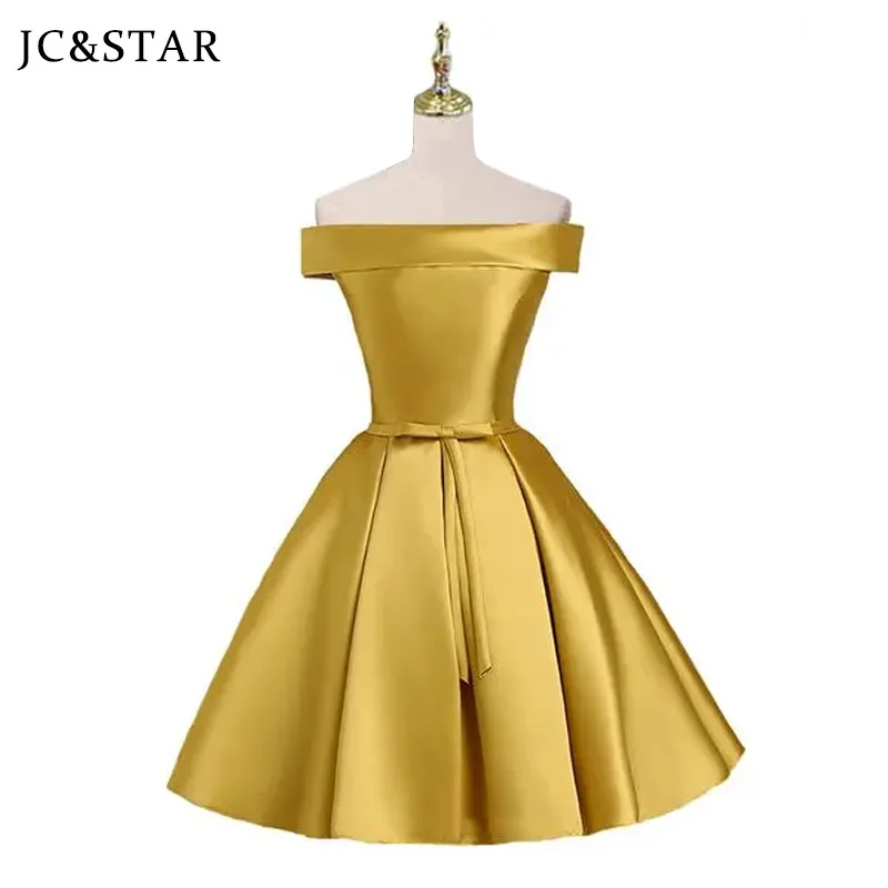 Gold Wedding Party Dress Short Satin OFF Shoulder robe demoiselle d honneur femme Elegant chic prom night vestido elbise free s