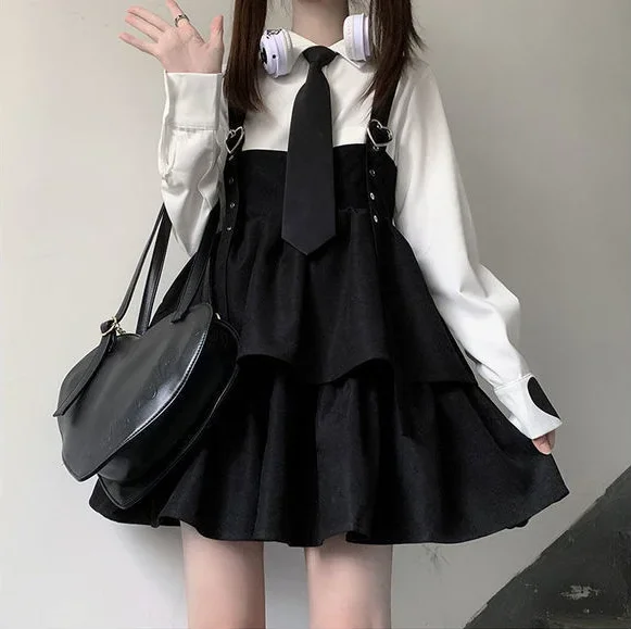 

Kawaii Women Mini Lolita Dress Japanese Style Cute Layered Ruffle Balck Adjustable Strap Dress Vintage Lace Party Dress Girly