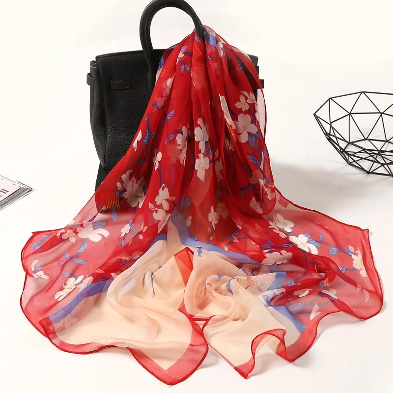 Silk Scarves Women Chiffon Wraps Shawls Thin Hijab Scarf For Ladies Floral Print Bandana Head Scarfs Sunscreen Long Neck Scarf - 6