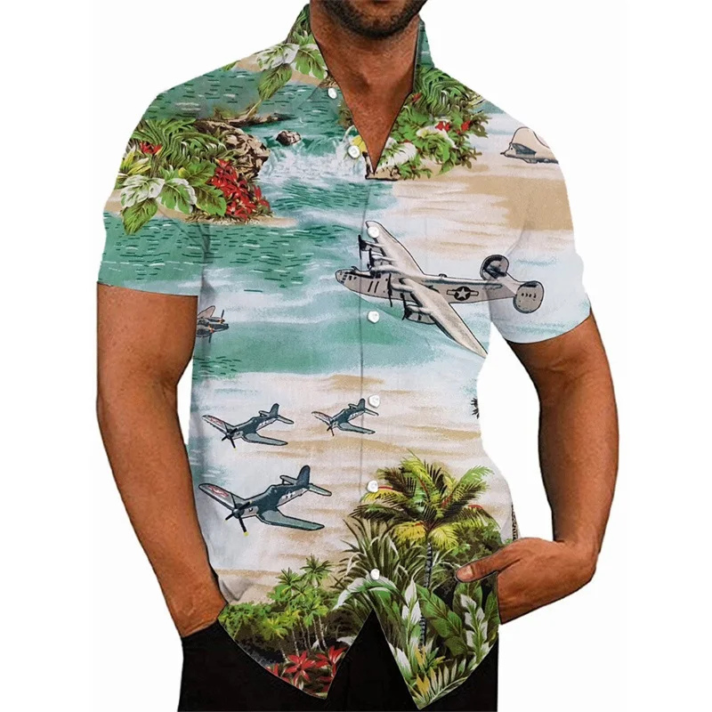 thumbnail image 1 of Camisas hawaianas con estampado 3D de avión de combate para hombre, camisas casuales de manga corta con botones, camisetas de hip hop para hombre, ropa de calle, 1 of 4