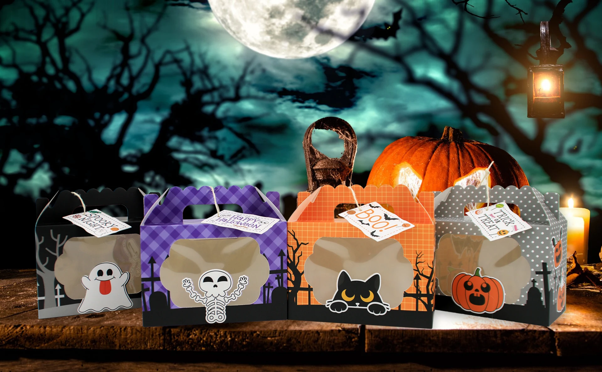 12 Stück Halloween-Party Süßigkeiten-Tüten mit Fenster, 4 verschiedene Designs, Mix – Detail 1