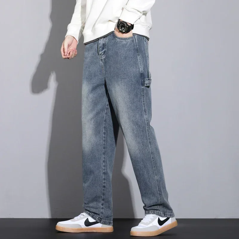 2024 New Autumn Men's Jeans Street Hip-hop Loose Straight Multi-pocket Workwear Denim Trousers Baggy Casual Splicing Trousers 4