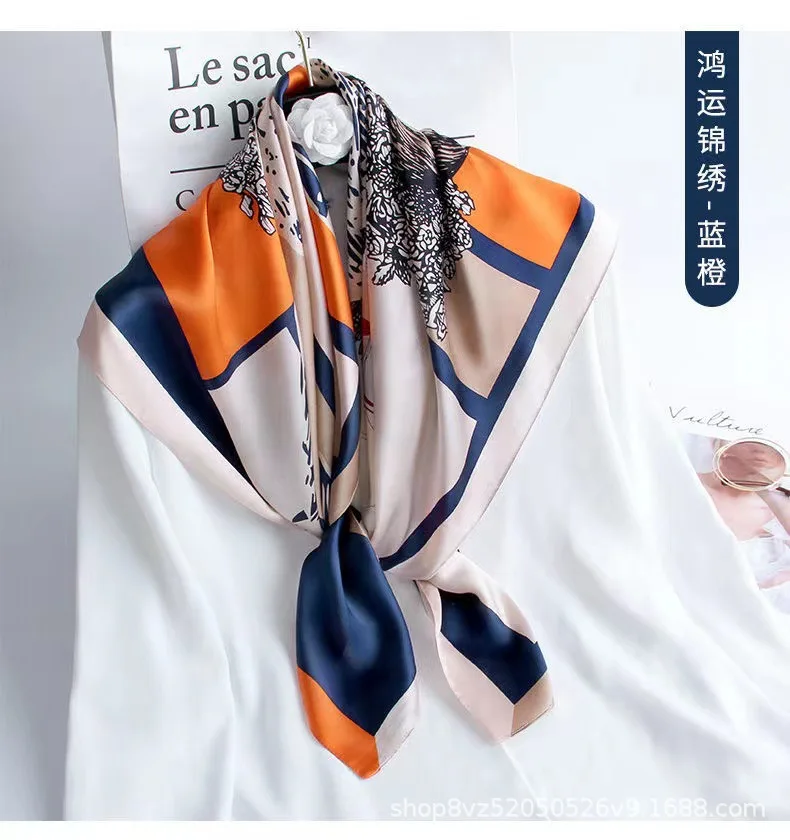 Luxury2024Square Silk Scarf for Women 90*90Hijab Hair Bands Neckerchief Female Satin Shawl Ribbon Headband Fashion Wraps Bandana 6