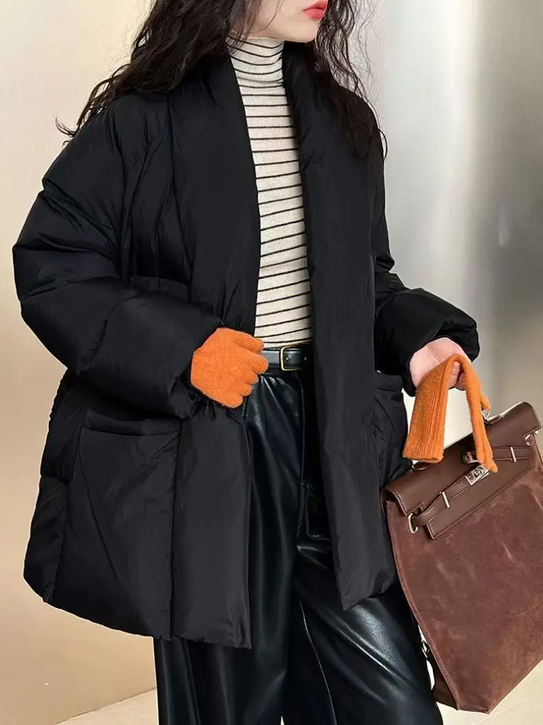 Women Winter V Neck Down Cotton Jacket 2025 New Women Warm Thicken Cotton Coat Korean Belt Waist Winter Outwear Women Parka Coat