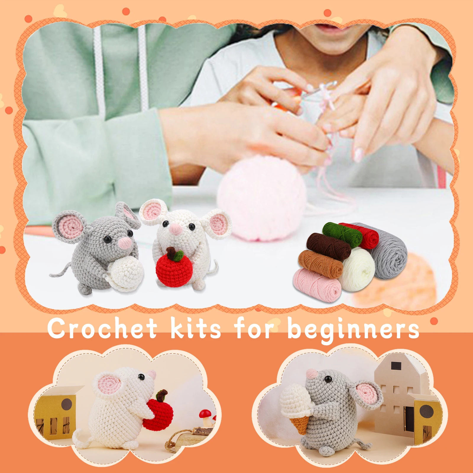 DIY Craft Mice Crochet Kit for Beginners Adults Learn to Crochet Kit With Step-by-Step Video Tutorials Thread Needles Hook Knit