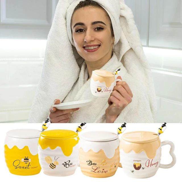 450ML Bee Cartoon Glass Spoon Milk Cup Ceramic Honey Mug With Cover  Creative Tea Cup Bee