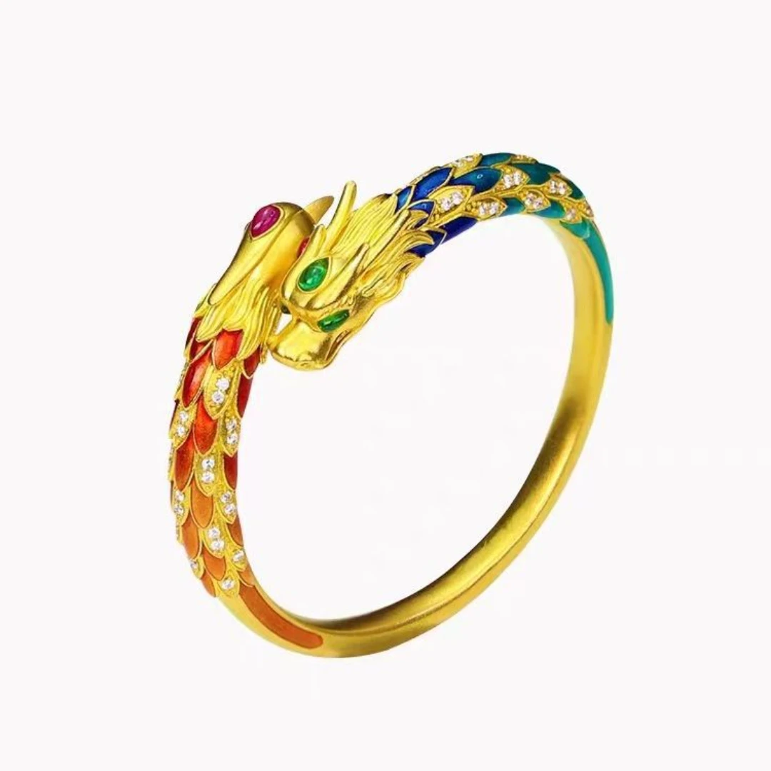 Vintage Palace Adjustable Bangles Ladies Enamel Dragon Phoenix Auspicious Cuff Bracelet Wedding Festival Party Jewelry