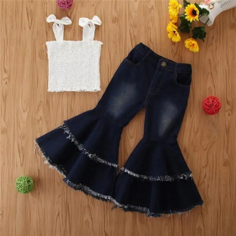 

Baby Girl Clothing Sets Fashion White Sleeveless Strapless Tops+Denim Flare Pants 2Pcs Suit Summer Children's Costumes For 2022