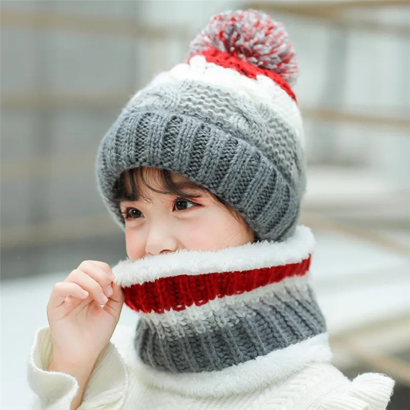 Big Kids Winter Knit Soft Hat and Scarf Set Child Plush Warm Winter Cap Scarves Girls Patchwork Circular Scarf Hat Frozen