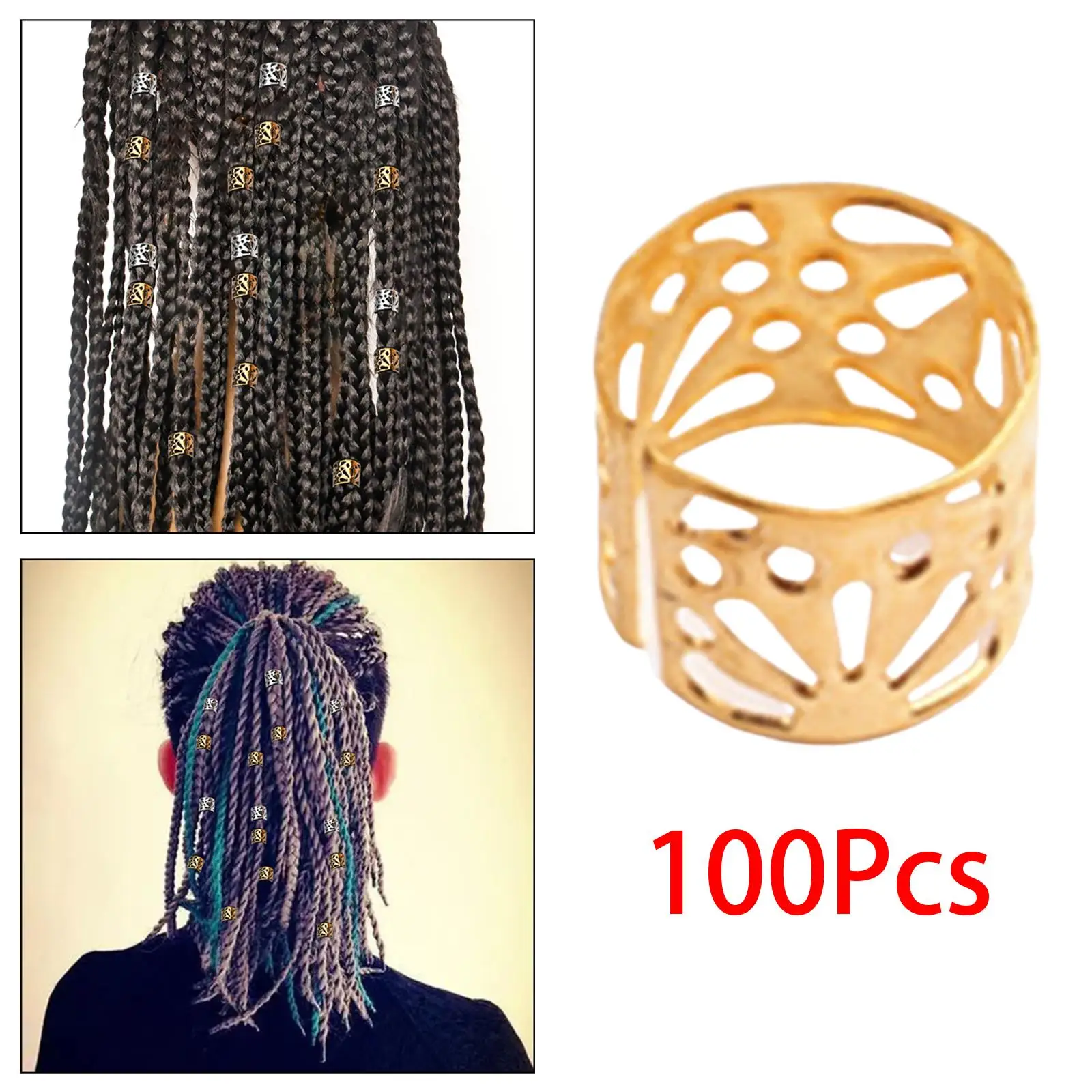 

100x Dreadlocks Beads Hair Accessories, Hollow Pattern Opening Metal Clips Cuffs Rings Hair Braid Rings Clips, Beard Decoration