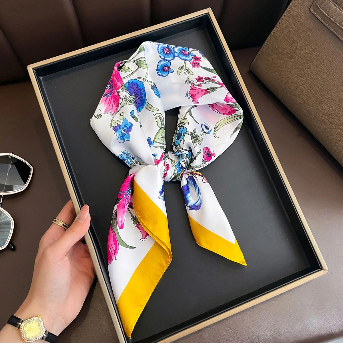 Yellow Lemon Print Square Silk Scarf - Fashionable Neck Tie & Decorative Neckerchief