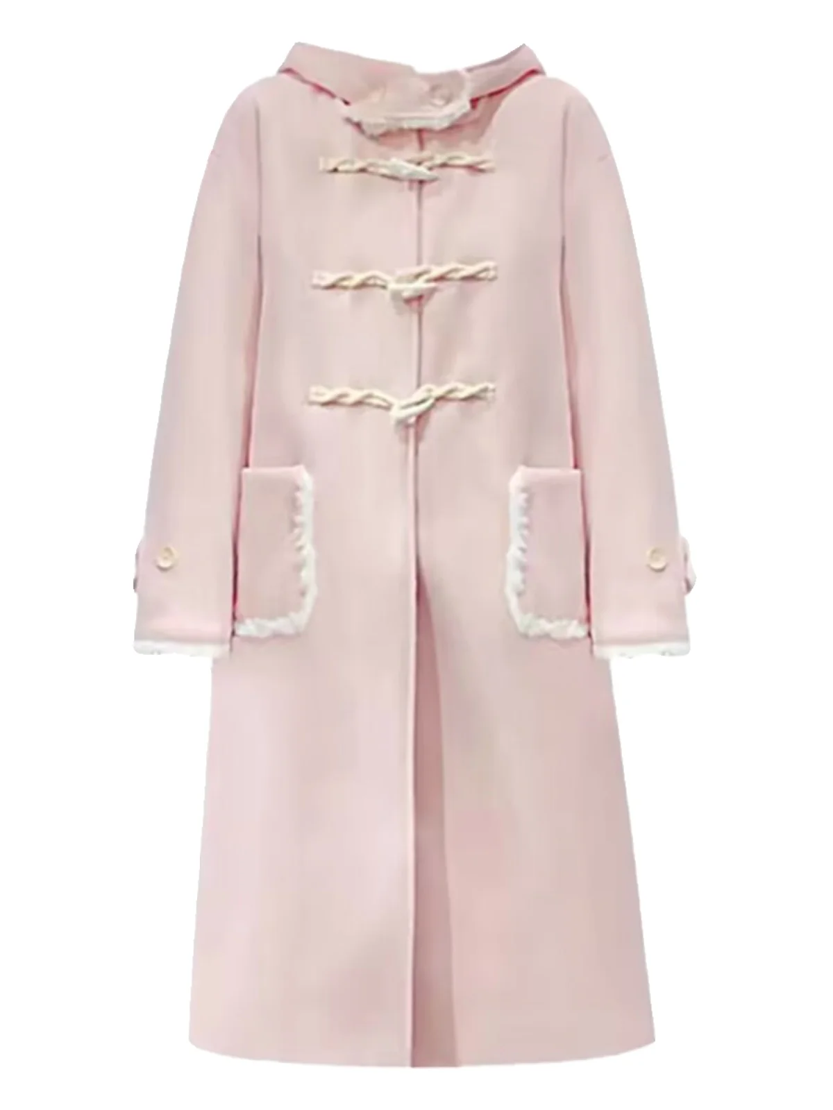 Thiened Long Fem Sle Albino Camel Hair Coat Pink Woolen Jaet with Detachable Hat Korean Sweet Sle Coat with Horn B...