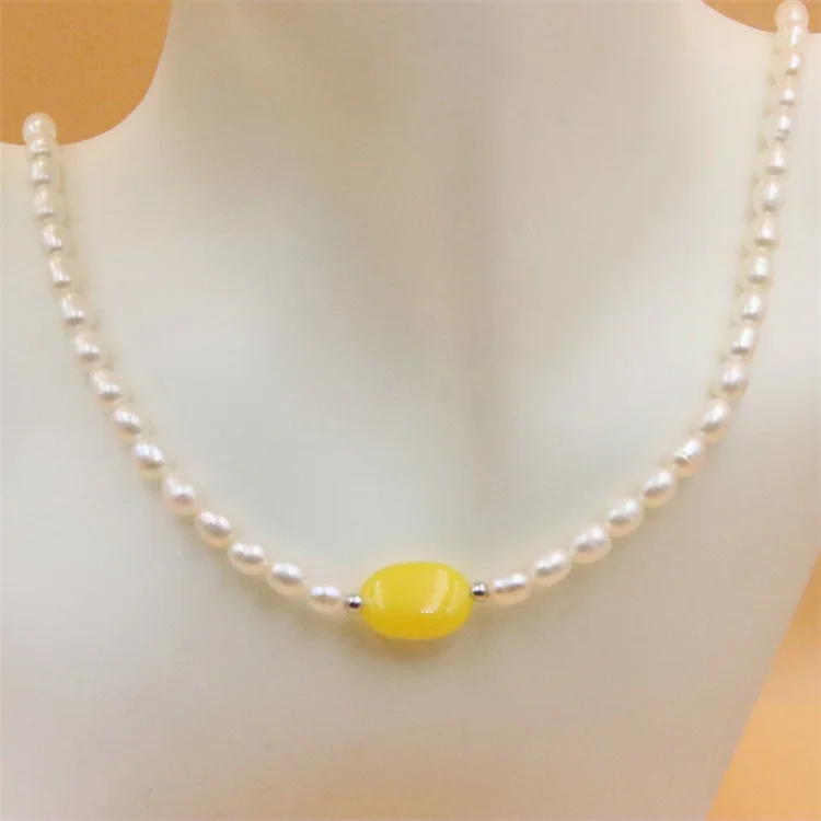 

ZFSILVER 100% 925 Sterling Naturall Freshwater Pearl Oval Imitation Amber Choker Necklace Jewelry for Women Party Gift Trend