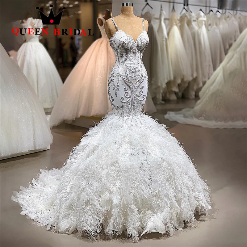 

Mermaid Sequined Beading Pearls Wedding Dresses Exquisite Sleeveless Spaghetti Straps Bridal Gowns Robe De Mariée Custom Y47X