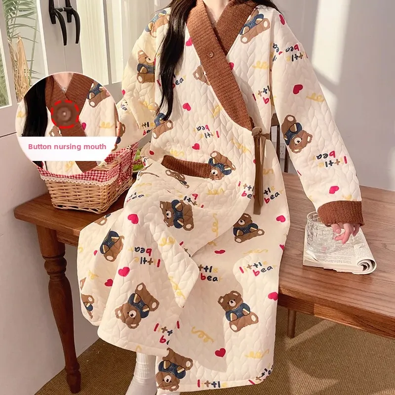 Breastfeeding Dress Air Cotton Postpartum Warmth Home Clothes for Pregnant Women Autumn Winter Hospital Gown Baby Shower Gift