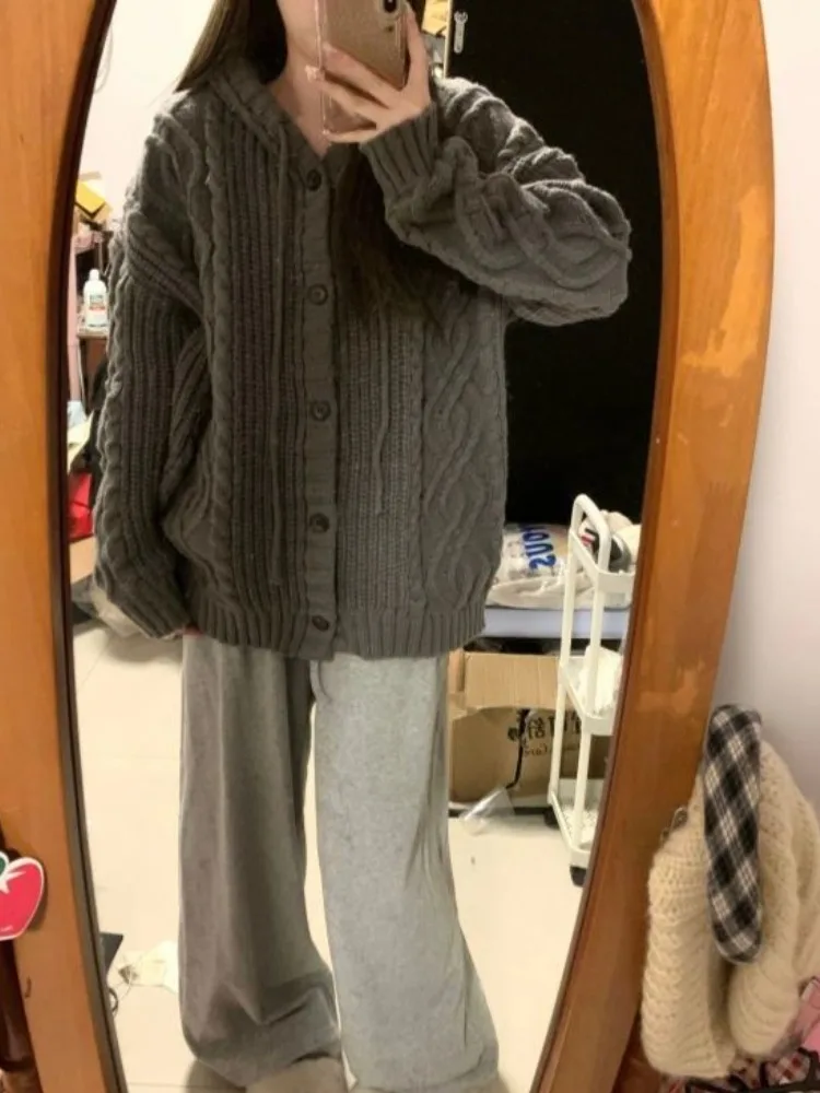 

Japanese Loose Grunge Hooded Cardigans Casual Harajuku Women Single Breasted Coats Y2k Aesthetic Vintage Solid Twist Sweet Tops
