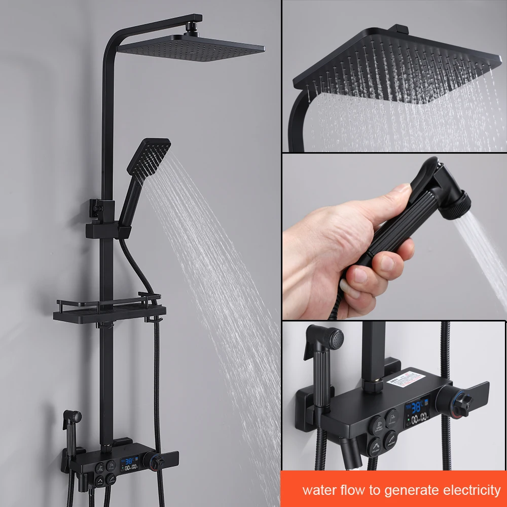 Black Display Thermostatic Shower Faucet Set Rainfall Bathtub Tap With Bathroom Shelf Water Flow Produces Electricity 2