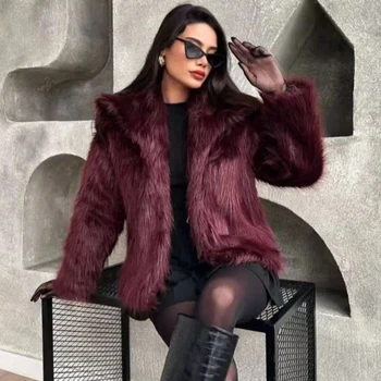 HXAO Women's Fur Coat Women 2024 Plush Burgundy Bomber Jacket Solid Crop Long Sleeve Jacket Warm Winter Coats Woman Casual Coats 5