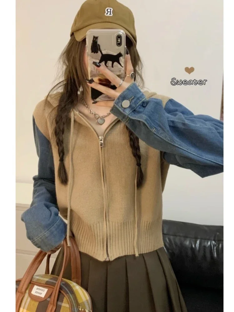 

2023 Patchwork Sweater Jacket for Women's Autumn and Winter New Design Sense Niche Knitted Cardigan Loose Short Hooded Top