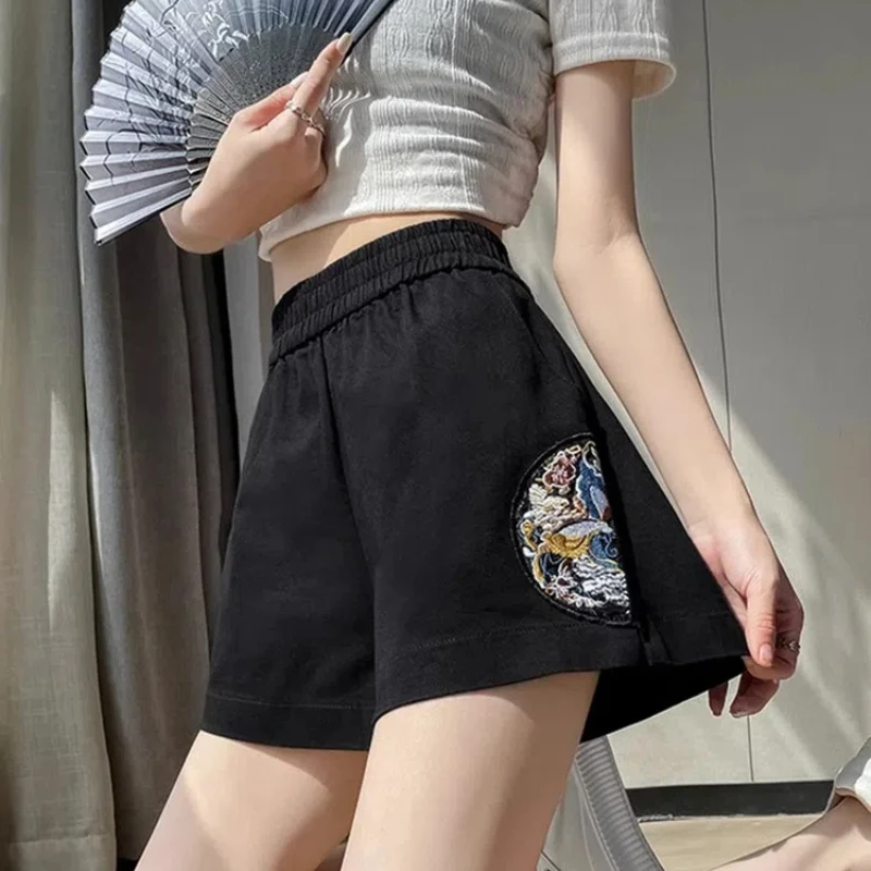 Chinese Style Women's Summer 2024 New Spliced Elasticized High-waisted Embroidery Fashion Loose All-match Casual Sports Shorts