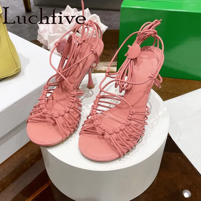 

2022 New Summer Braid Bandage Thin High Heels Women Sandals Peep Toe Ankle Strap Pumps Party Wedding Shoes Runway Ladies Sandals