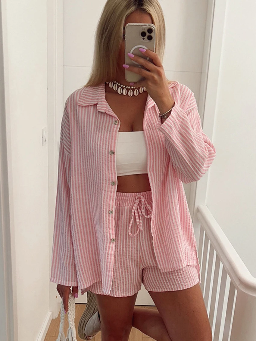 Mathaqiqi 2024 New Striped Ladies Sleepwear Set Sexy Turn-Down Collar Pajama Long Sleeve Nightgowns Shorts Casual Nightwear Suit