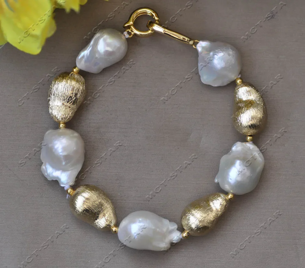 

Juego de collar y pendientes de pulsera chapados en oro, Perla Reborn, Keshi, barroco blanco, 24mm,