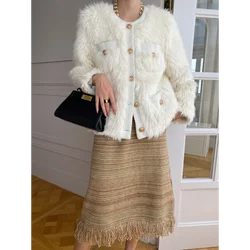Tweed Stitching Fur Round Neck White Pink Black Women Coat Luxury Fashion Fake Fur Small Fragrant Female Coat Autumn Winter 1611