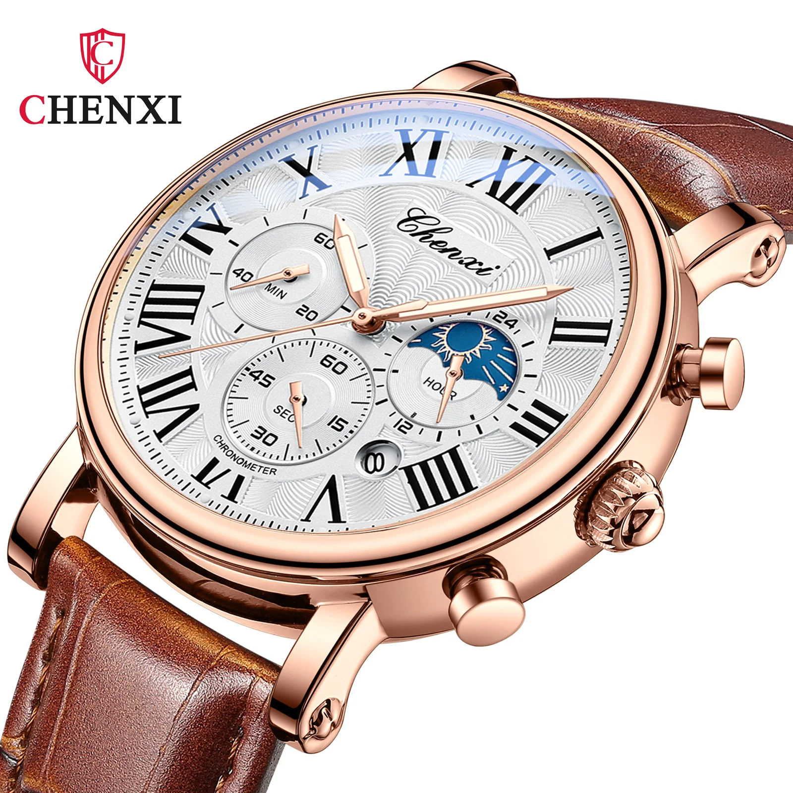 CHENXI 973 Men Quartz Watch Fashion Business Multi-function Moon Phase Date Rome Analog Dial Leather Watch for Male reloj hombre