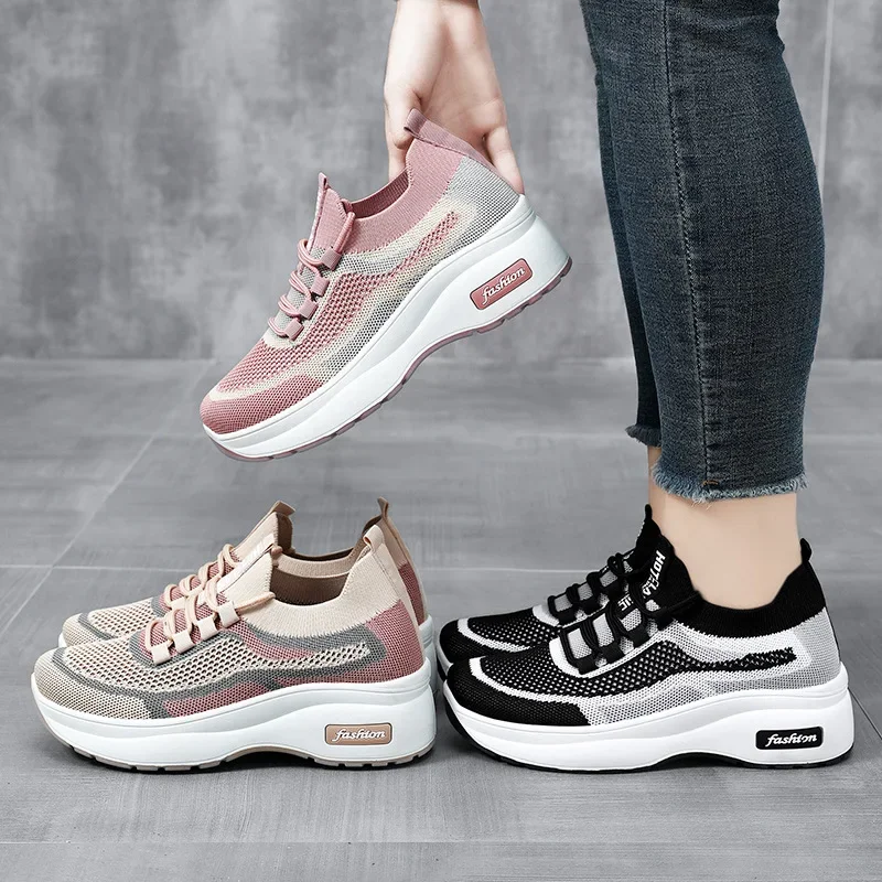 Women Fashion Mesh Platform Sneakers Breathable Lace Up Wedges Sneakers  Soft Casual Travel Sports Running Shoes 2025