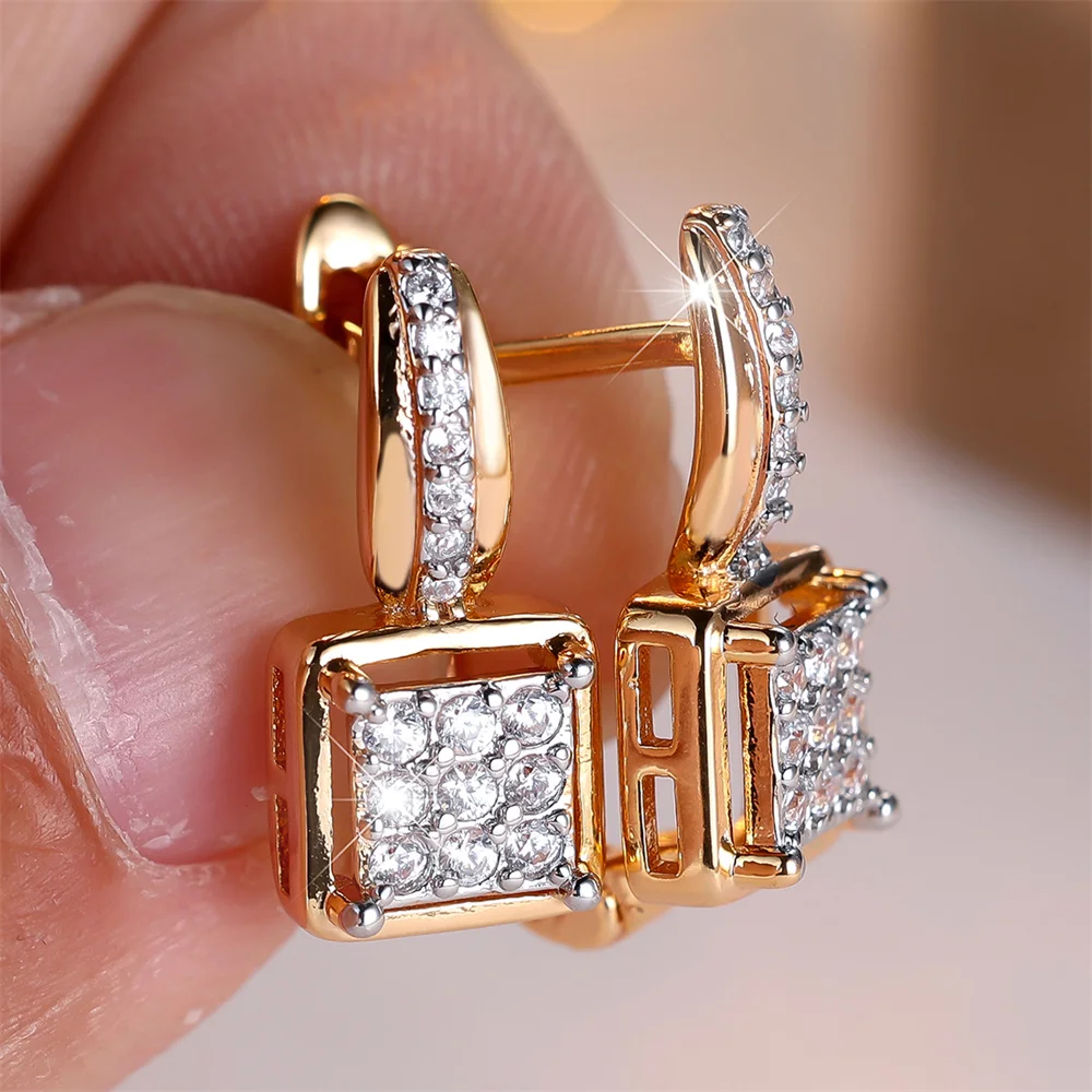 Luxury Crystal White Stone Small Square Hoop Earrings For Women Vintage Gold Color Tiny Ear Buckle Wedding Jewelry Birthday Gift