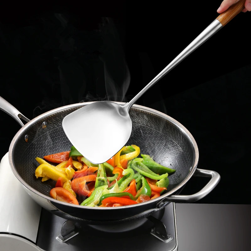 Stainless Steel Cooking Tools with Wooden Handle Soup Spoon Ladle Colander Spatula Shovel Silver 1Pc