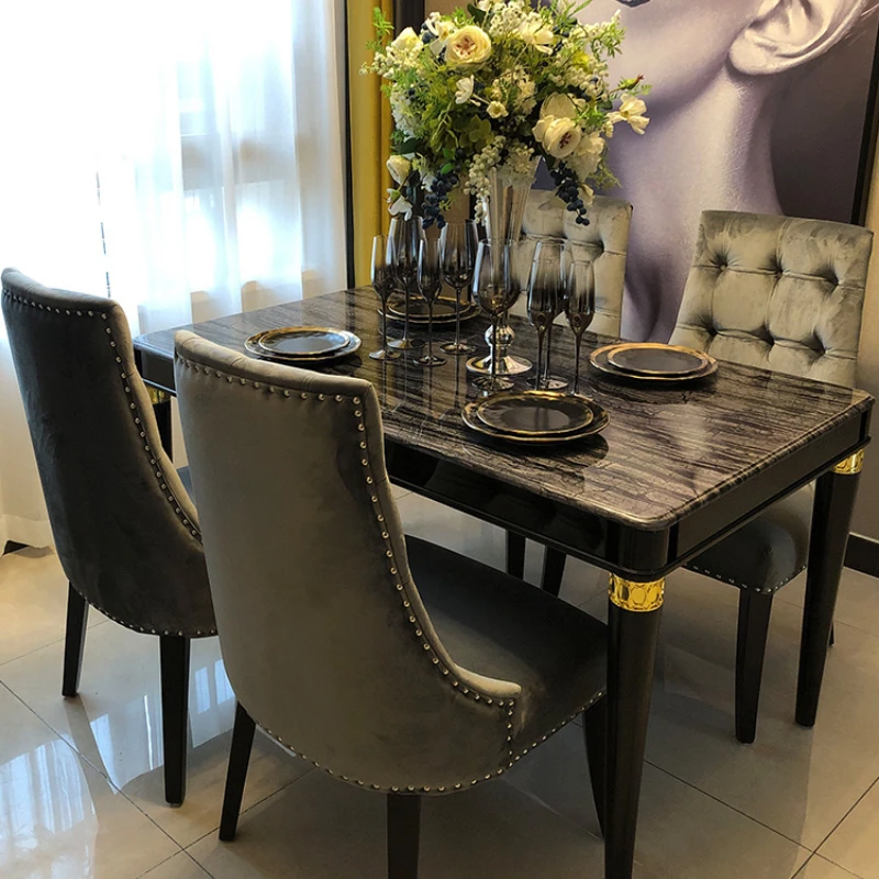 

American light luxury marble dining table, solid wood dining table and chairs combination lacquered European dining table