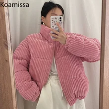 

Koamissa 2021 Autumn Winter Short Corduroy Jacket Women Thick Zipper Cotton Padded Parkas Fashion Solid Stand Collar Warm Coat