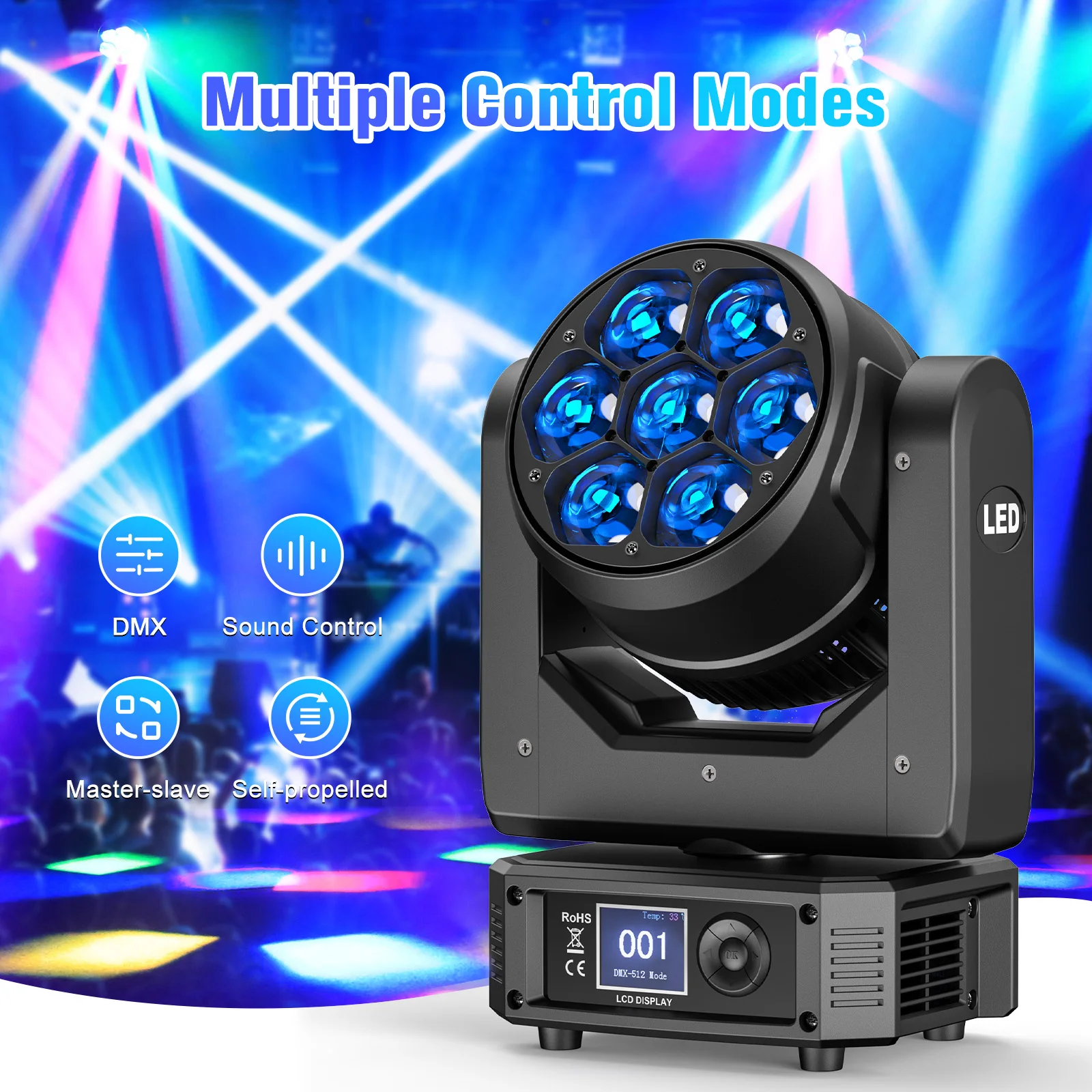 Yiflamefly 2Pcs 300W Bee Eye Moving Head Light 7X25W RGBW LED Wash Beam Zoom Stage Lights DMX DJ Light For KTV Bar wedding Party 3