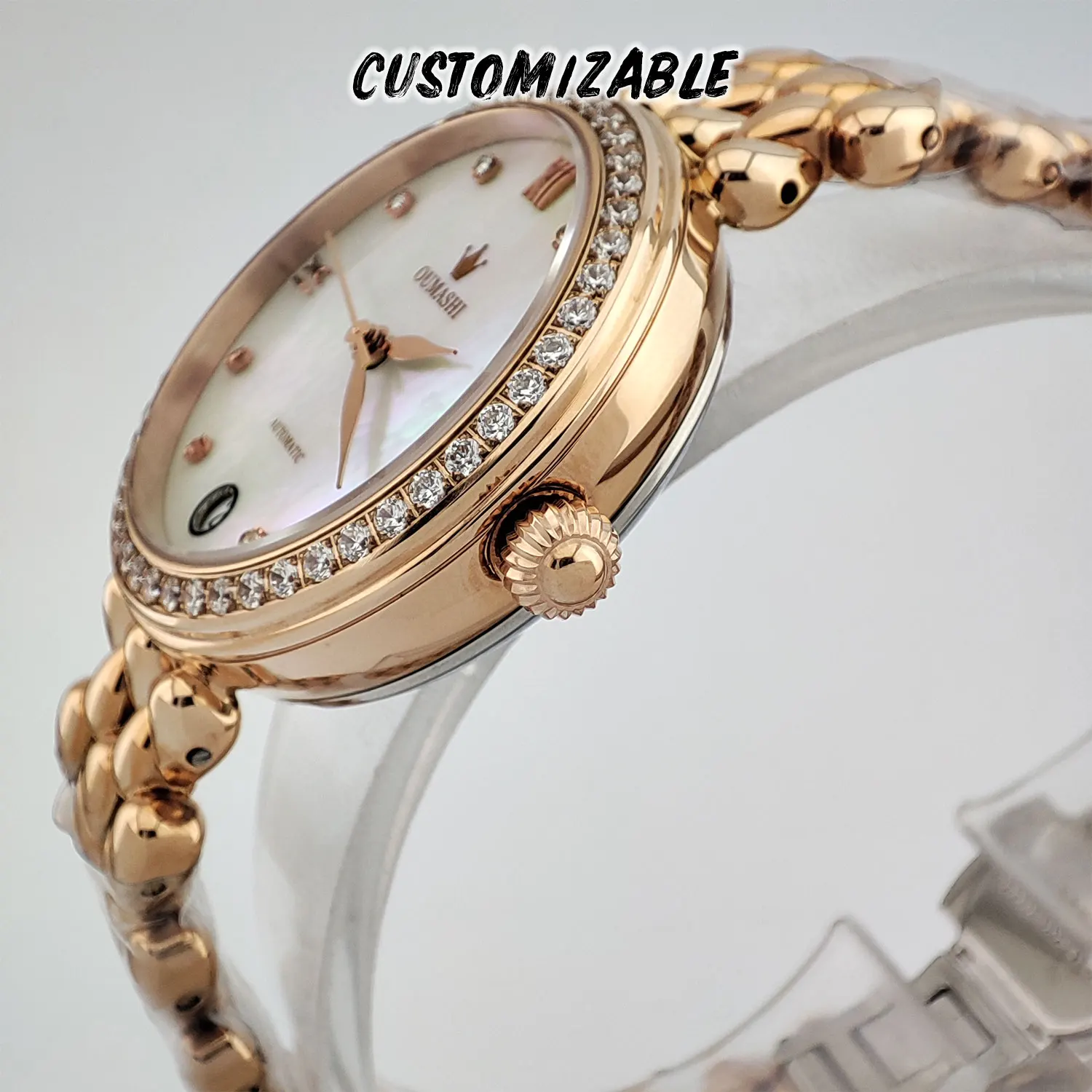 Women's Watch 32.5MM MIYOTA 8215 Automatic Watch Customizable Luxury Fashion Retro Diamond Bezel Dial Hollowed Bottom Date at 6 3