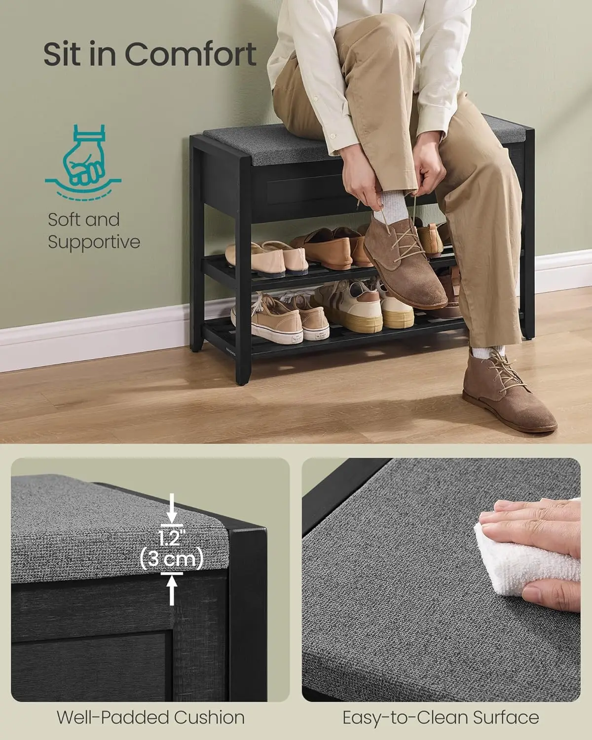 Storage Bench, Bamboo Shoe Rack, Entryway Furniture, 31.5 Inches Wide, Hidden Storage Compartments, 2-Tier Shoe Shelves