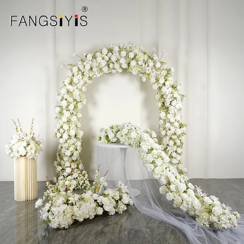 

Luxury White Rose Babys breath Flower Row Runner Wedding Arch Deco Floral Arangement With Frame Event decor Prop Floor flowers