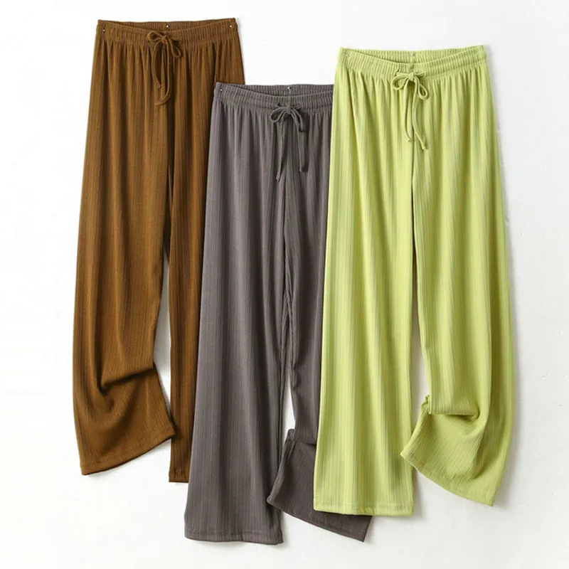 

Pantalones De Mujer New Ice Silk Pajamas Pant For Women Nightwear Spring Summer Wide Leg Pants Casual Sleepwear Home Trousers